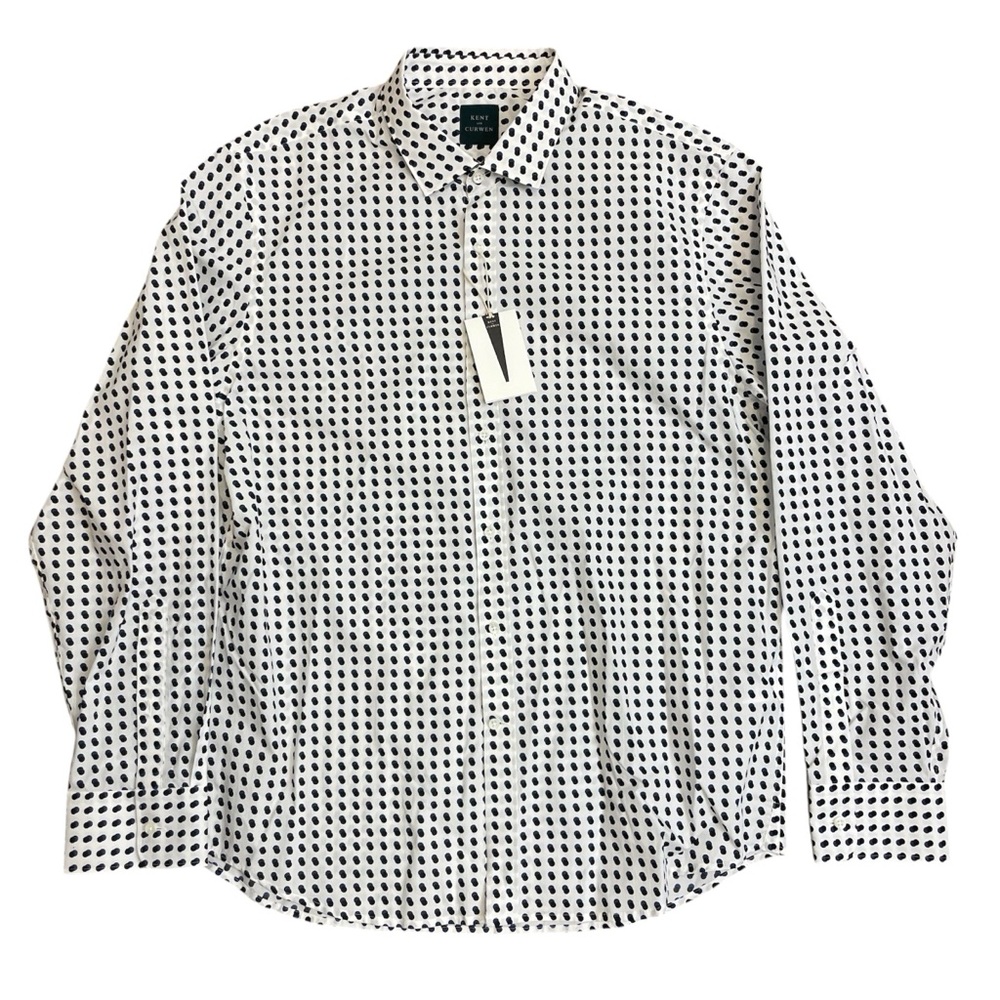 Kent and Curwen White Polka Dot Pointed Collar Dressy Casual Button Front Shirt